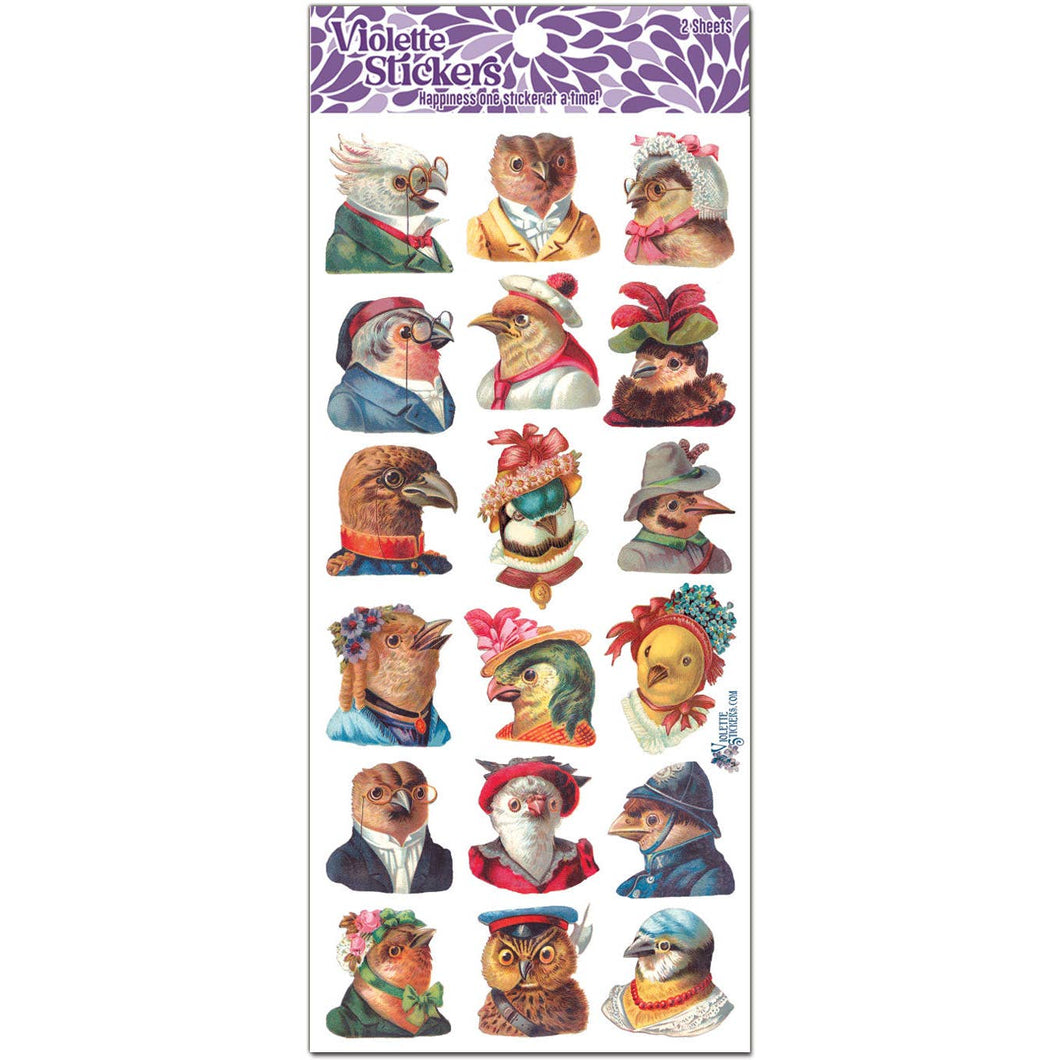Fun Vintage Dressed Bird Stickers Pack