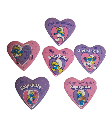 1980's Smurfette Heart Shaped Pinback Buttons Choice