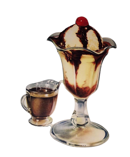1950’s Hot Fudge Sundae with Pitcher Diecut Cardboard Sign