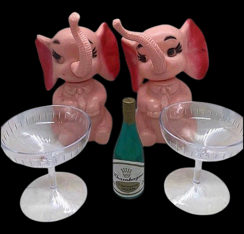 Vintage Blow Mold Elephant and Champagne Glasses Set