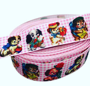 Retro Dog Gingham Grosgrain Ribbon Per Yard