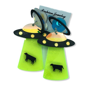 UFO Beaming Up Cow Laser Cut Earrings