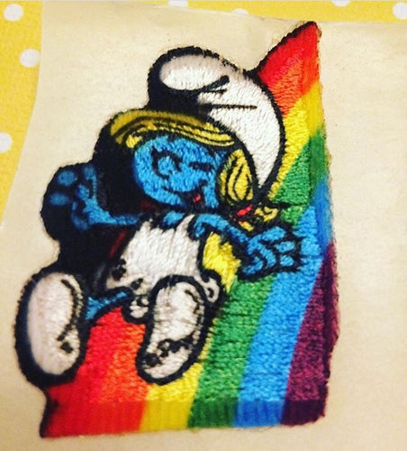 1980s Smurfette on Rainbow Iron On Patch